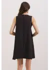 2444 Detaylı Mini Keten Elbise - Siyah