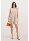2444 Mini Keten Elbise - Bej