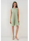 2444 Mini Keten Elbise - E.Yeşil