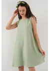 2444 Mini Keten Elbise - E.Yeşil