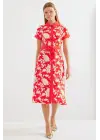 2455 Desenli Gömlek Elbise - Kırmızı