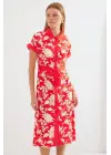 2455 Desenli Gömlek Elbise - Kırmızı