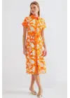 2455 Desenli Gömlek Elbise - Turuncu