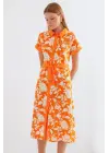 2455 Desenli Gömlek Elbise - Turuncu