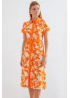 2455 Desenli Gömlek Elbise - Turuncu