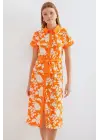 2455 Desenli Gömlek Elbise - Turuncu