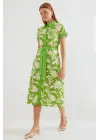 2455 Desenli Gömlek Elbise - Yeşil