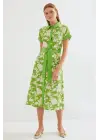 2455 Desenli Gömlek Elbise - Yeşil