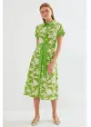 2455 Desenli Gömlek Elbise - Yeşil
