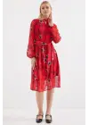 2459 Astarlı Desenli Tül Elbise - Kırmızı