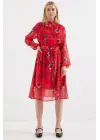 2459 Astarlı Desenli Tül Elbise - Kırmızı