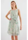 2501 Desenli Sıfır Kol Şifon Elbise - Mint