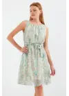 2501 Desenli Sıfır Kol Şifon Elbise - Mint