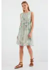 2501 Desenli Sıfır Kol Şifon Elbise - Mint