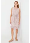 2501 Desenli Sıfır Kol Şifon Elbise - Pembe