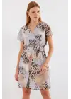 2502 Kısa Kol Desenli Şifon Elbise - Gri