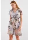 2502 Kısa Kol Desenli Şifon Elbise - Gri