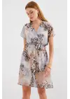 2502 Kısa Kol Desenli Şifon Elbise - Gri