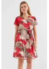 2502 Kısa Kol Desenli Şifon Elbise - Kırmızı