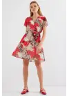 2502 Kısa Kol Desenli Şifon Elbise - Kırmızı