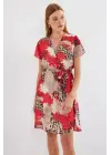 2502 Kısa Kol Desenli Şifon Elbise - Kırmızı