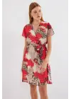 2502 Kısa Kol Desenli Şifon Elbise - Kırmızı