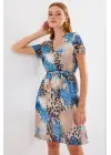 2502 Kısa Kol Desenli Şifon Elbise - Mavi