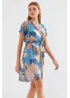 2502 Kısa Kol Desenli Şifon Elbise - Mavi