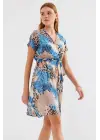 2502 Kısa Kol Desenli Şifon Elbise - Mavi