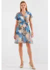 2502 Kısa Kol Desenli Şifon Elbise - Mavi
