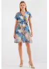 2502 Kısa Kol Desenli Şifon Elbise - Mavi