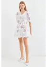 2506 Desenli V Yaka Mini Kloş Elbise - Ekru