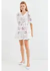 2506 Desenli V Yaka Mini Kloş Elbise - Ekru