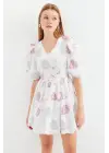 2506 Desenli V Yaka Mini Kloş Elbise - Ekru