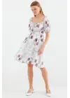 2508 Desenli Mini Kloş Elbise - Ekru