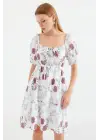 2508 Desenli Mini Kloş Elbise - Ekru