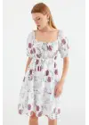 2508 Desenli Mini Kloş Elbise - Ekru