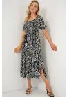 2512 Desenli Yırtmaçlı Elbise - D. Siyah