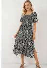 2512 Desenli Yırtmaçlı Elbise - D. Siyah