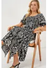 2512 Desenli Yırtmaçlı Elbise - D. Siyah