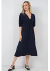 2570 Beli Büzgülü V Yaka Elbise - Lacivert
