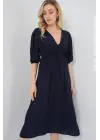 2570 Beli Büzgülü V Yaka Elbise - Lacivert