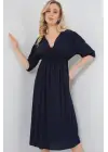 2570 Beli Büzgülü V Yaka Elbise - Lacivert