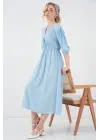2570 Beli Büzgülü V Yaka Elbise - Mavi