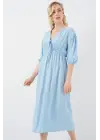 2570 Beli Büzgülü V Yaka Elbise - Mavi