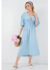 2570 Beli Büzgülü V Yaka Elbise - Mavi