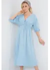 2570 Beli Büzgülü V Yaka Elbise - Mavi