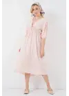 2570 Beli Büzgülü V Yaka Elbise - Pudra