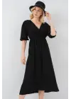 2570 Beli Büzgülü V Yaka Elbise - Siyah