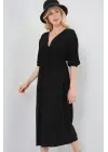 2570 Beli Büzgülü V Yaka Elbise - Siyah